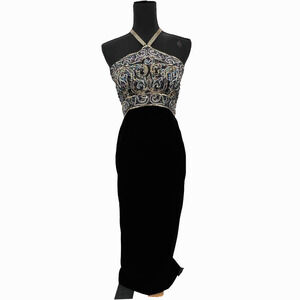 Vintage Sterling Stone‎ Ferris Black Beaded Sequined Velvet Maxi Dress Sz 6
